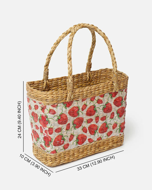 Handwoven Seagrass Shopping Basket & Tote Bag - Strawberry