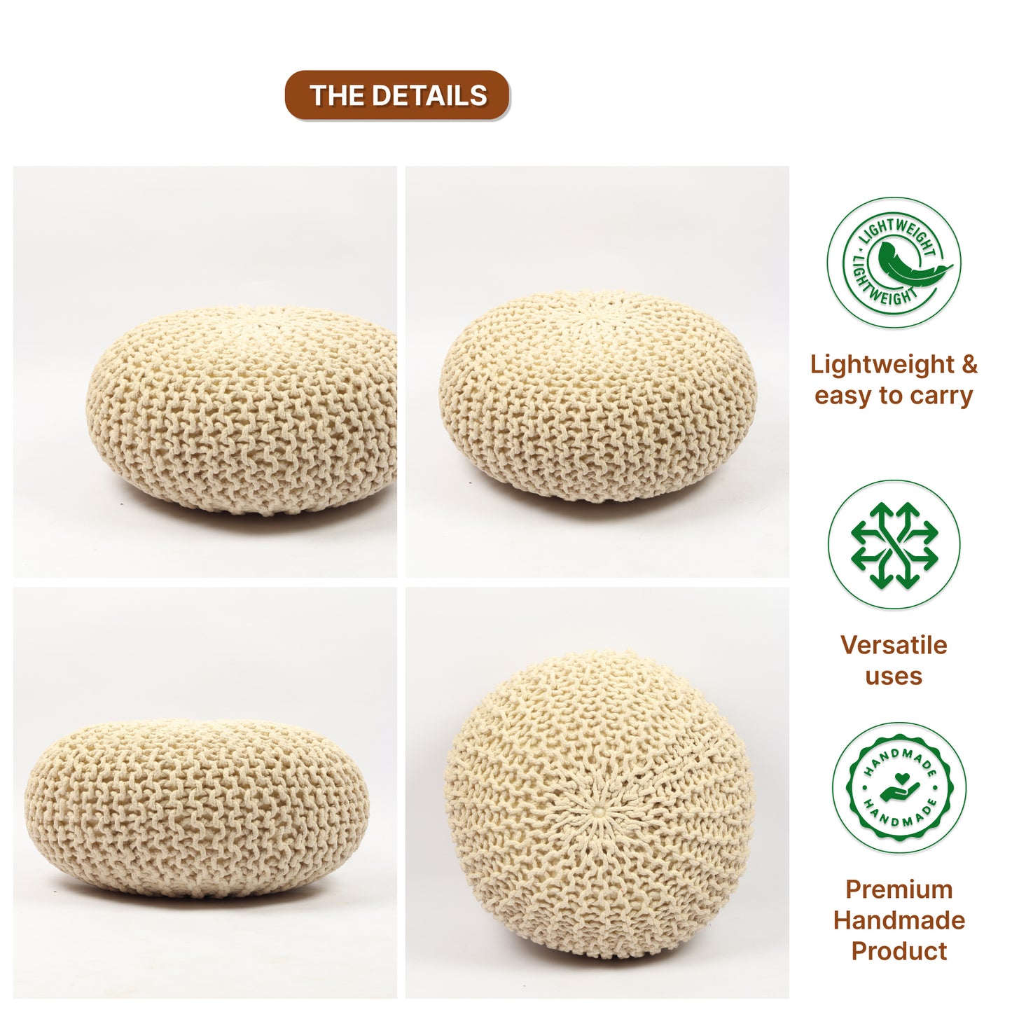 Handwoven Jute Round Pouffe in White for Living Room and Bedroom