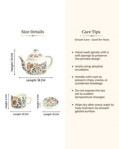 Hand Painted Floral Ceramic Tea Pot Set with Cups Saucers