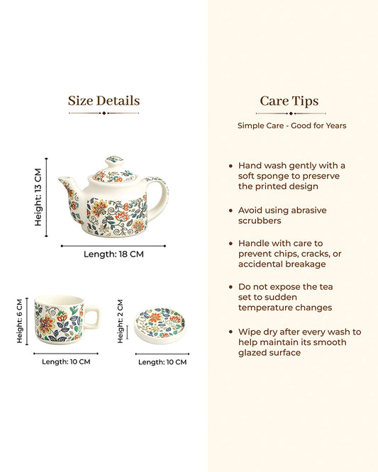 Hand Painted Floral Ceramic Tea Pot Set with Cup & Saucer
