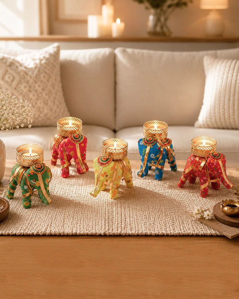 Rajasthani Elephant Tealight Holder for Living Room, Set of 5