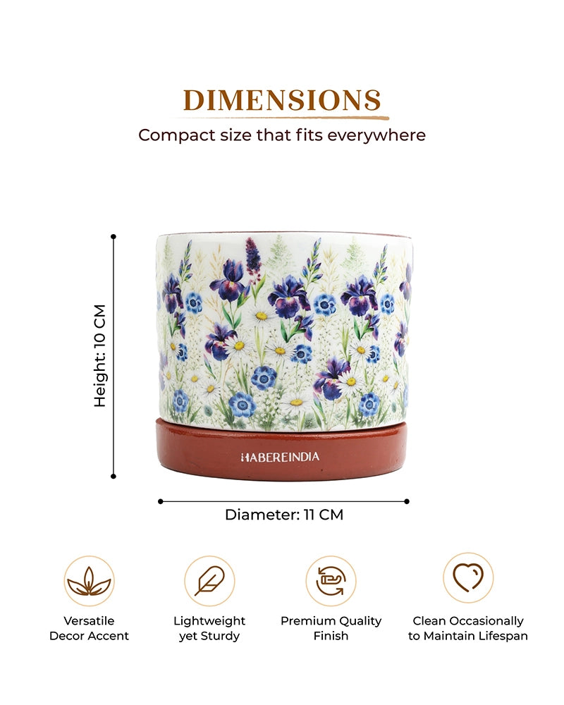 Floral Print Terracotta Planter with Under Plate (Multicolour)