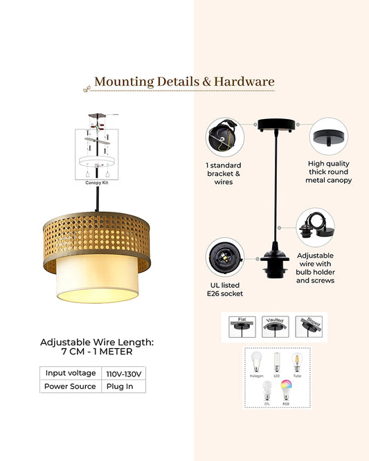Decorative Rattan Pendant Ceiling Lamp for Living Room, Bedroom and Home