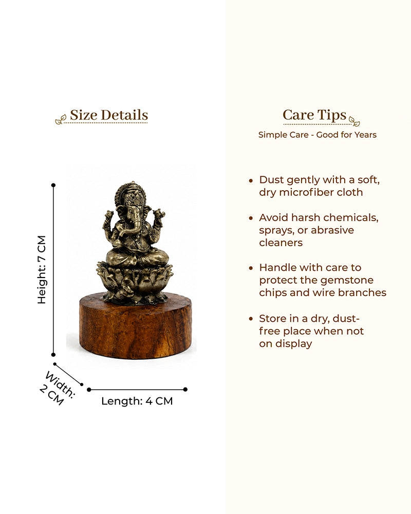 100% Pure Brass Ganesh Ji Idol with Wooden Chowki for Car Dashboard
