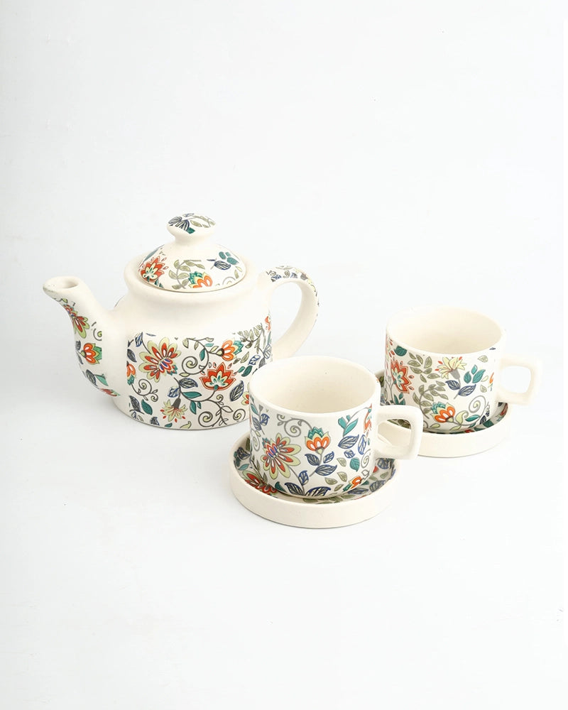 Hand Painted Floral Ceramic Tea Pot Set with Cups Saucers