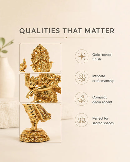 Handcrafted Dancing Brass Ganesha Idol (Gold)