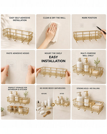 Self Adhesive Metal Wall Shelf with 4 Hanging Hooks for Bathroom Accessories
