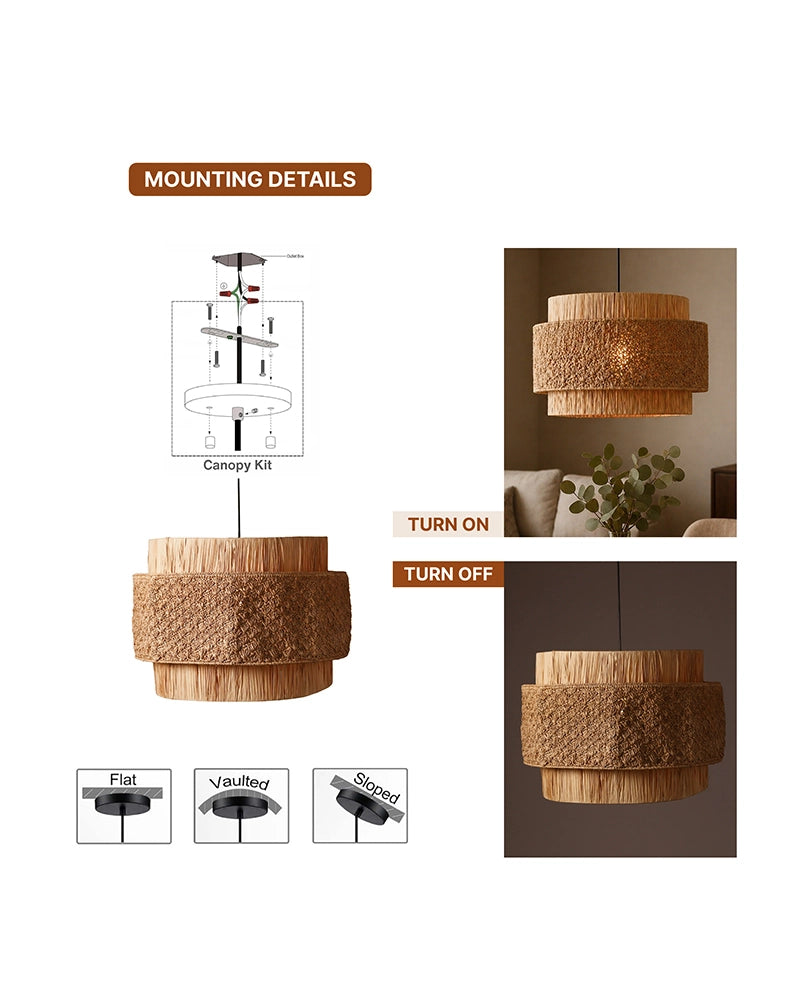 Raffia Drum Pendant Lamp for Living Room Bedroom & Boho Home Decor
