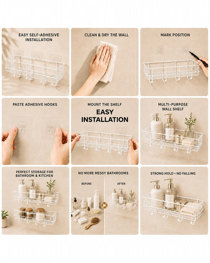 Self Adhesive Metal Wall Shelf with 4 Hanging Hooks for Bathroom Accessories