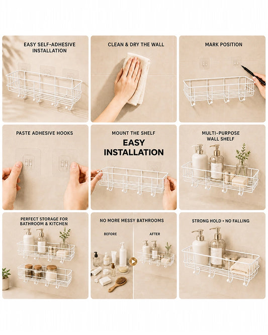 Self Adhesive Metal Wall Shelf with 4 Hanging Hooks for Bathroom Accessories