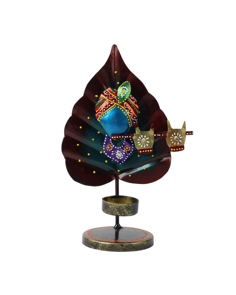Handcrafted Metal Peepal Leaf Krishna Tealight Holder Showpiece