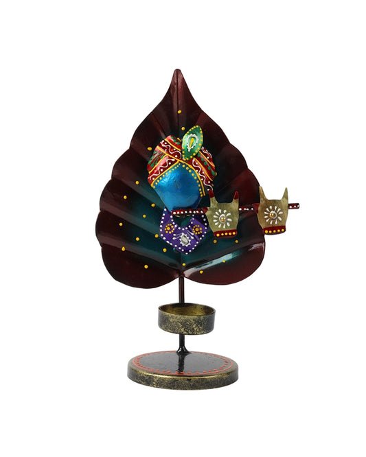 Handcrafted Metal Peepal Leaf Krishna Tealight Holder Showpiece
