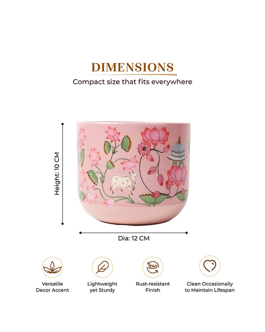 Pichwai Art Hand Painted Lotus Design Terracotta Plant Pot (Pink)
