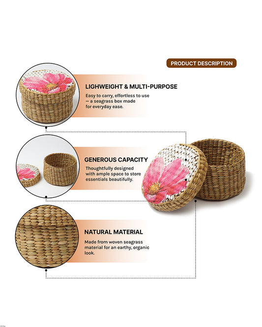 Round Gift Box | Seagrass Organiser Boxes | Storage Box with Lid