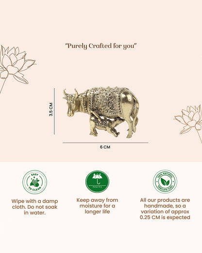 Pure Brass Kamdhenu Cow with Calf Idol for Home Temple and Pooja Room