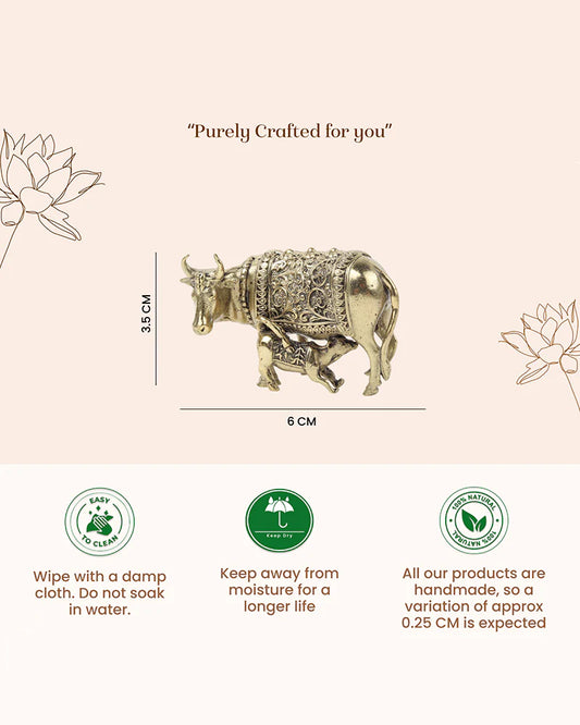 Pure Brass Kamdhenu Cow with Calf Idol for Home Temple and Pooja Room