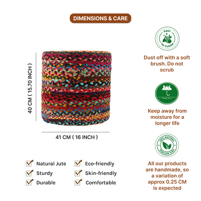 Handwoven Jute Round Pouffe in Multicolor for Living Room - Large