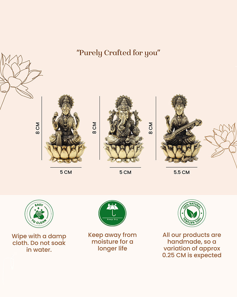 Pure Brass Laxmi Ganesh Sarasvati Idol Spiritual Showpiece