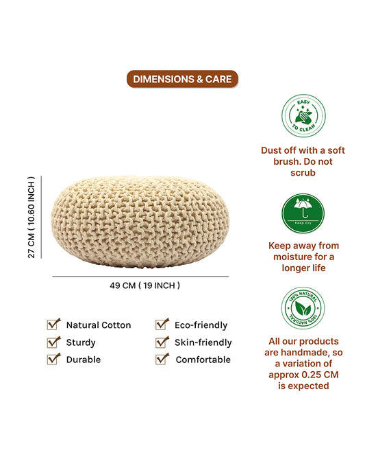 Handwoven Jute Round Pouffe in White for Living Room and Bedroom