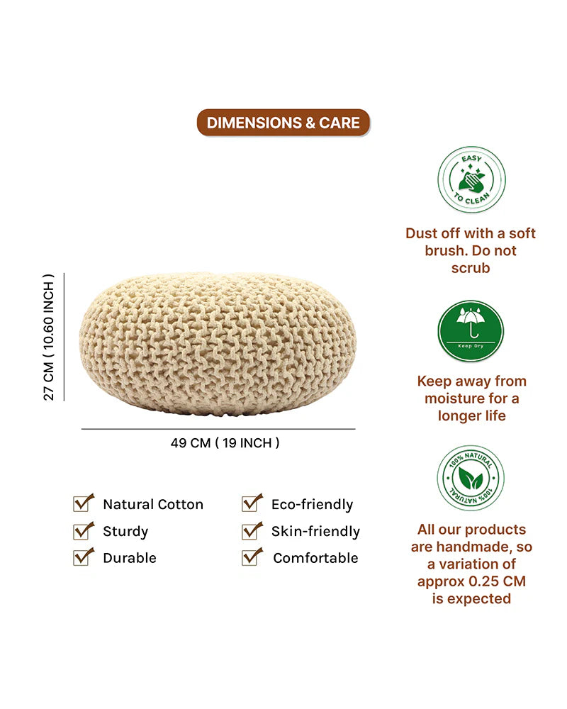Handwoven Jute Round Pouffe in White for Living Room and Bedroom