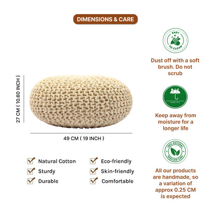 Handwoven Jute Round Pouffe in White for Living Room and Bedroom