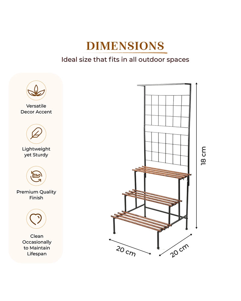 3 Tier Plant Stand with Trellis & Hanging Rod Anti Rust (Black & Brown