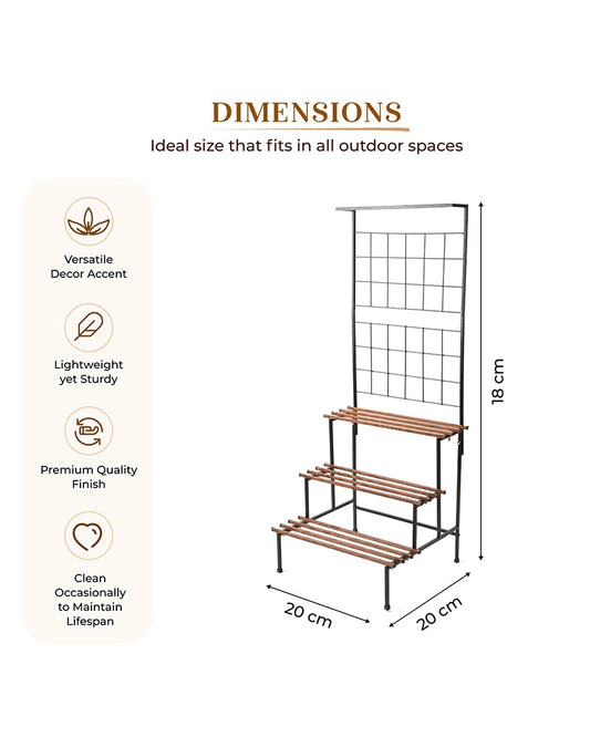 3 Tier Plant Stand with Trellis & Hanging Rod Anti Rust (Black & Brown
