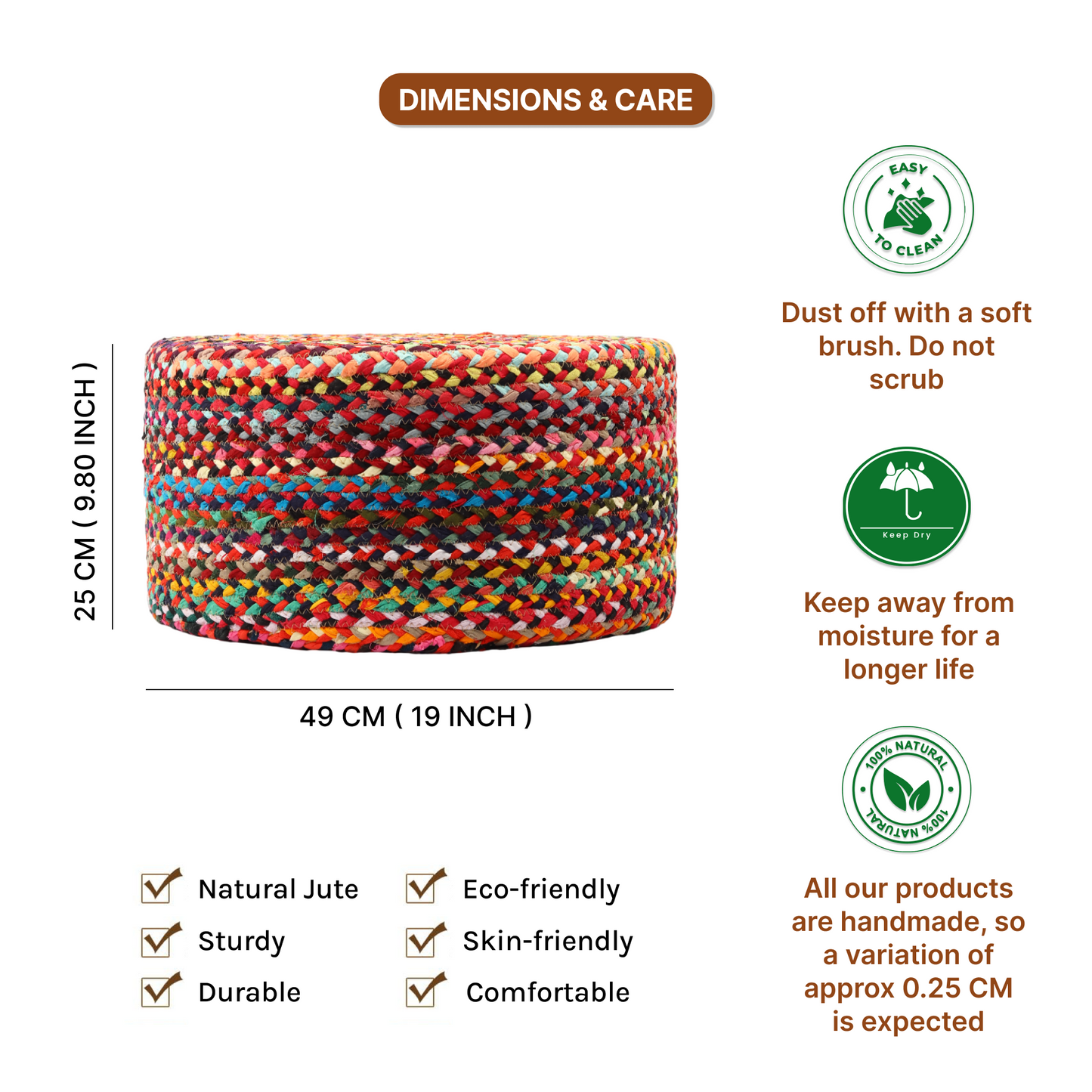 Handwoven Jute Round Pouffe in Multicolor for Living Room