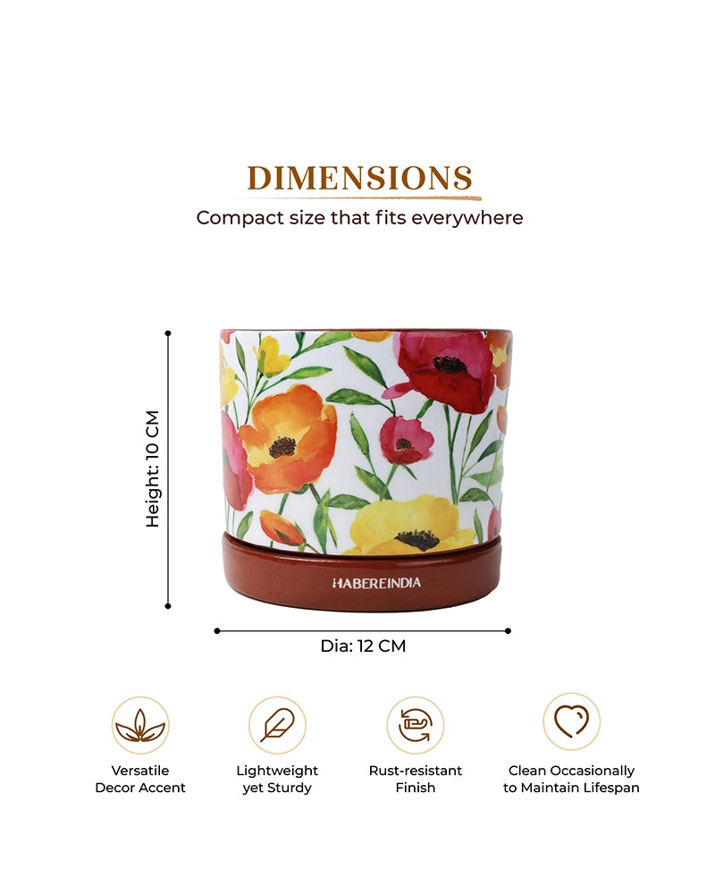 Poppy Floral Print Terracotta Planter with Under Plate (Multicolour)