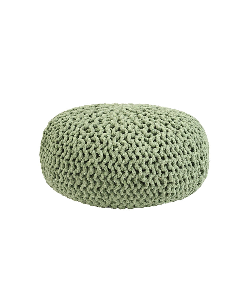 Hand Knitted Sage Green Cotton Pouf Chunky Knit Round Ottoman Footrest