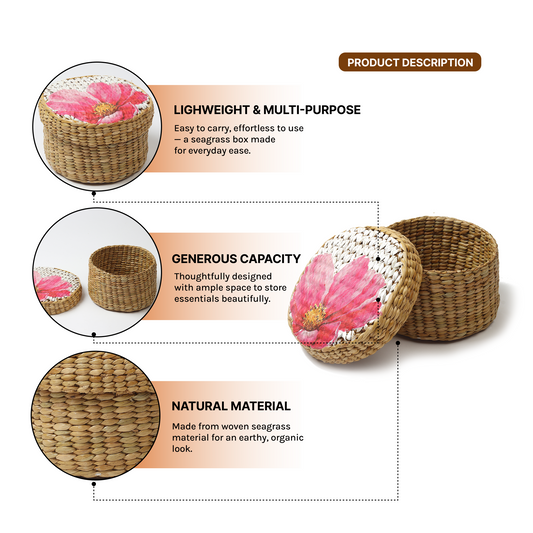 Round Gift Box | Seagrass Organiser Boxes | Storage Box with Lid