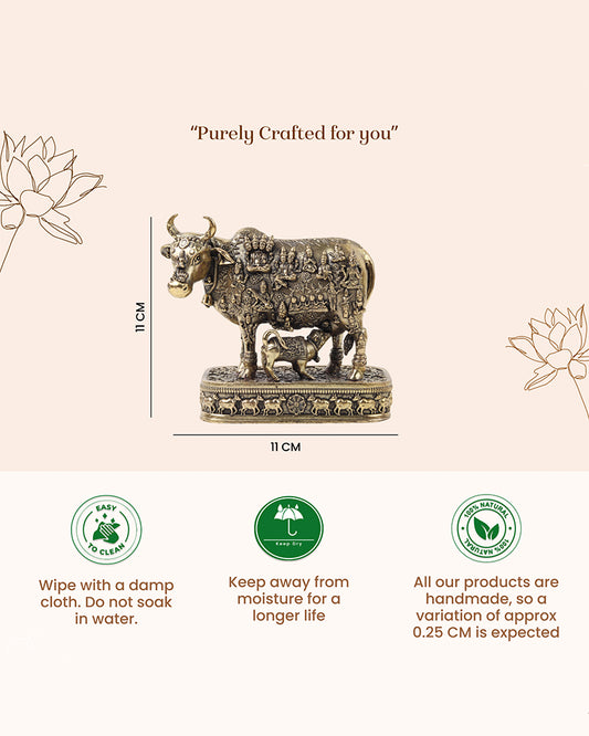 Brass Kamdhenu Cow Idol with Calf for Home Temple and Decor