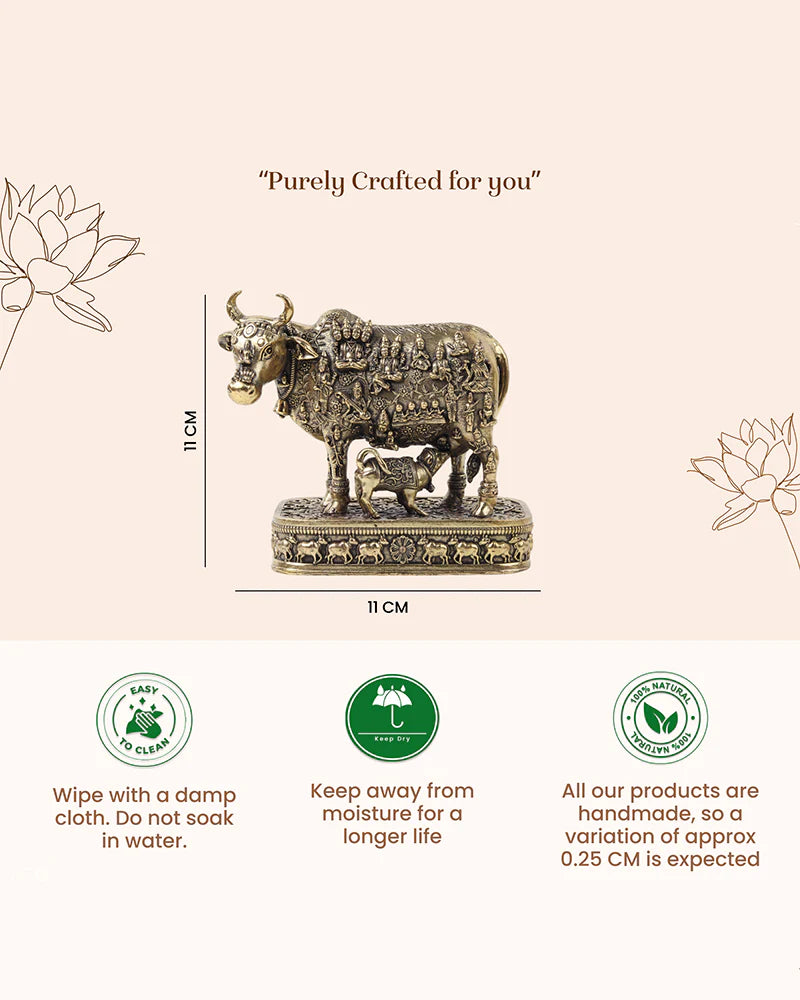 Brass Kamdhenu Cow Idol with Calf for Home Temple and Decor