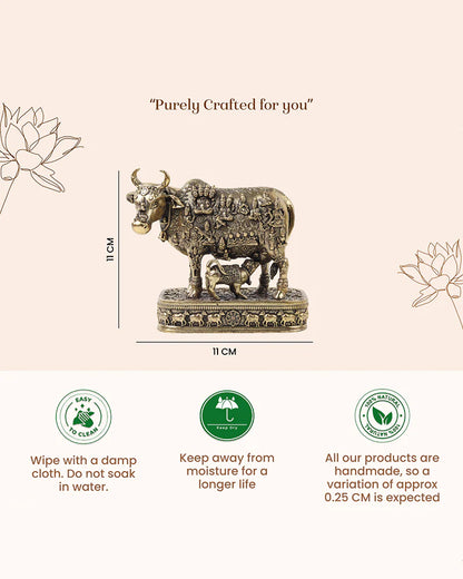 Brass Kamdhenu Cow Idol with Calf for Home Temple and Decor