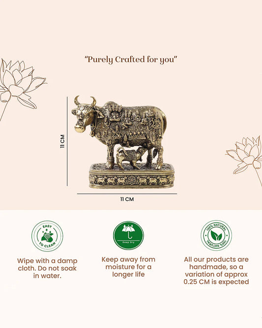 Brass Kamdhenu Cow Idol with Calf for Home Temple and Decor