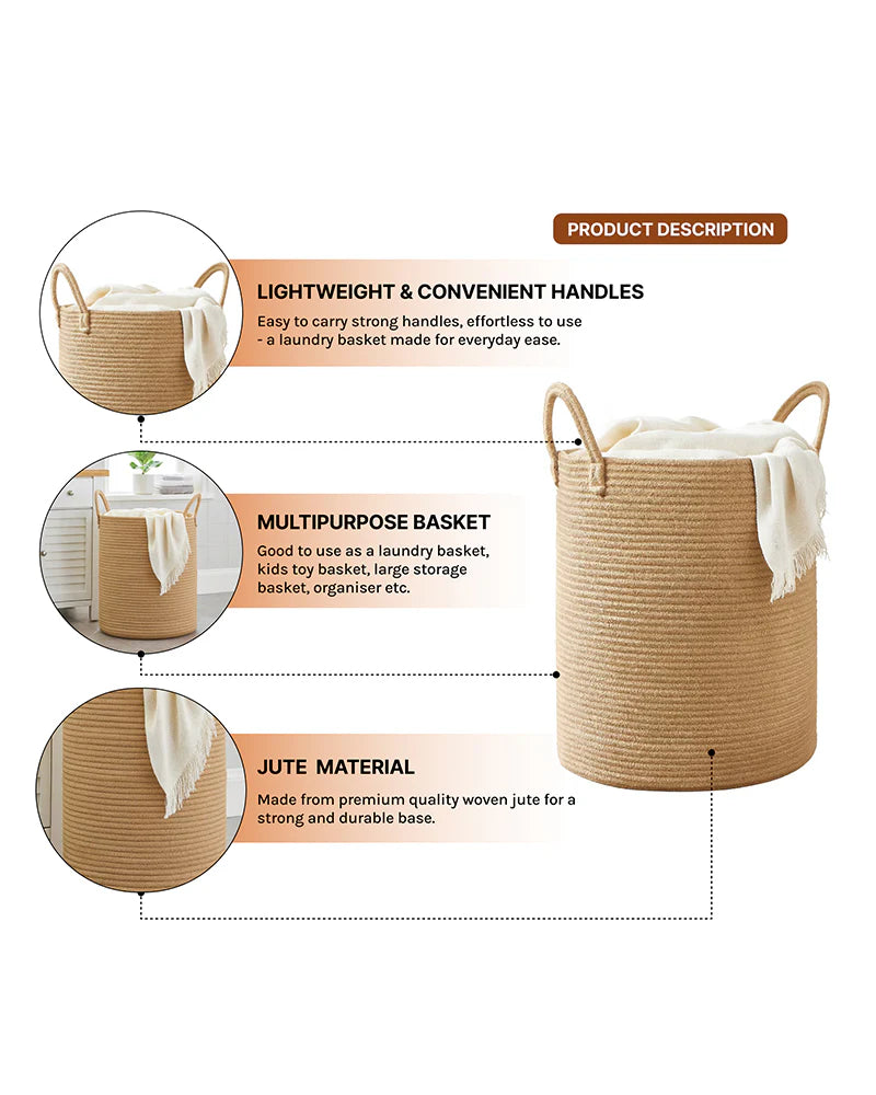 Jute Laundry Basket for Clothes, Jute Storage and Toy Storage Basket for Home