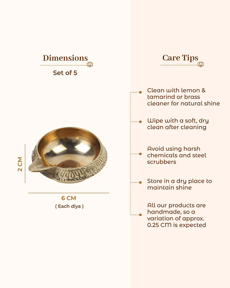 100% Pure Brass Diya for Pooja Diwali Festival Home Décor, Set of 5