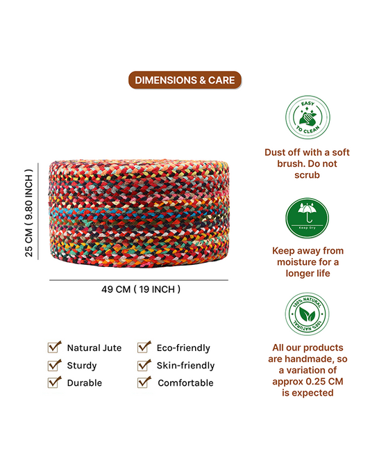 Handwoven Jute Round Pouffe in Multicolor for Living Room