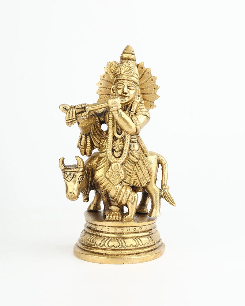 Lord Krishna Playing Flute with Cow Brass Idol