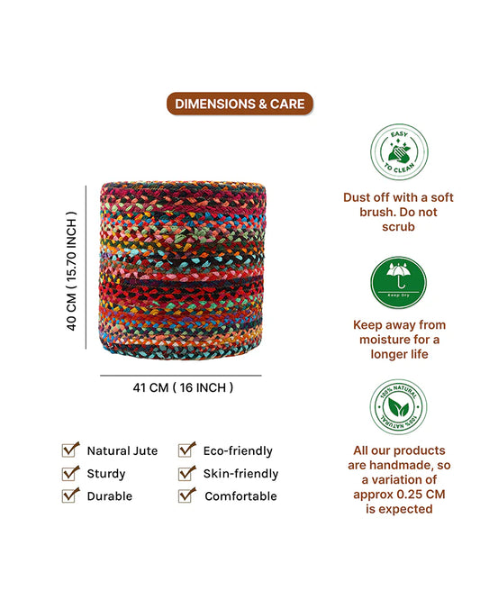 Handwoven Jute Round Pouffe in Multicolor for Living Room - Large