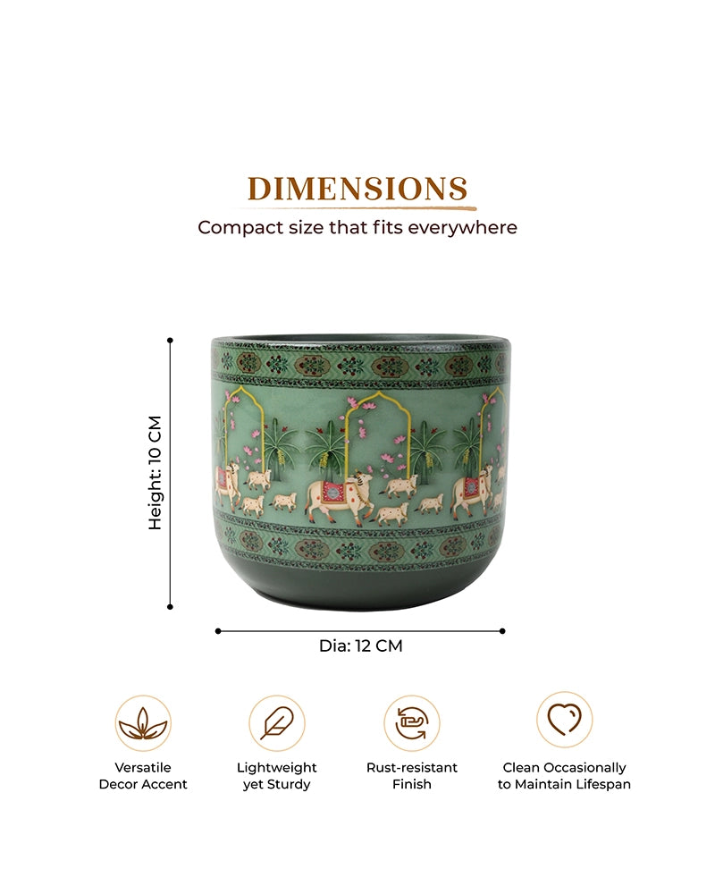 Hand Painted Pichwai Cow Motif Terracotta Plant Pot (Green)