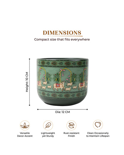 Hand Painted Pichwai Cow Motif Terracotta Plant Pot (Green)