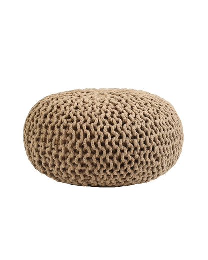 Hand Knitted Beige Cotton Pouf Chunky Knit Round Ottoman Boho Footrest