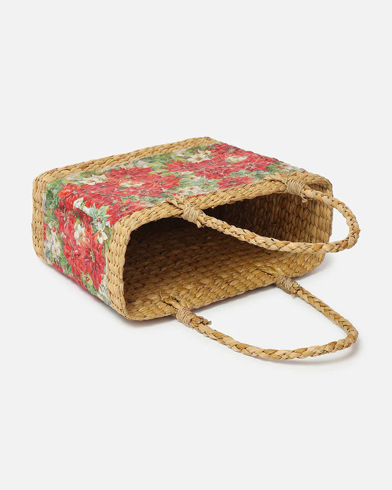 Handwoven Seagrass Shopping Basket & Tote Bag - Red Poinsettia