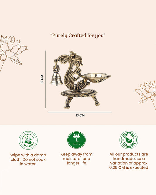Traditional Brass Aarti Diya with Parrot Design with Hanging Bell