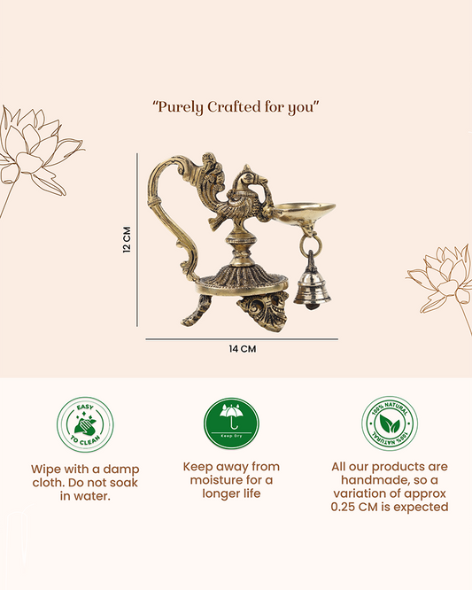 Brass Oil Lamp Peacock Diya with Bell for Pooja and Home Decor