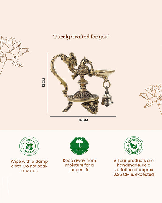 Brass Oil Lamp Peacock Diya with Bell for Pooja and Home Decor