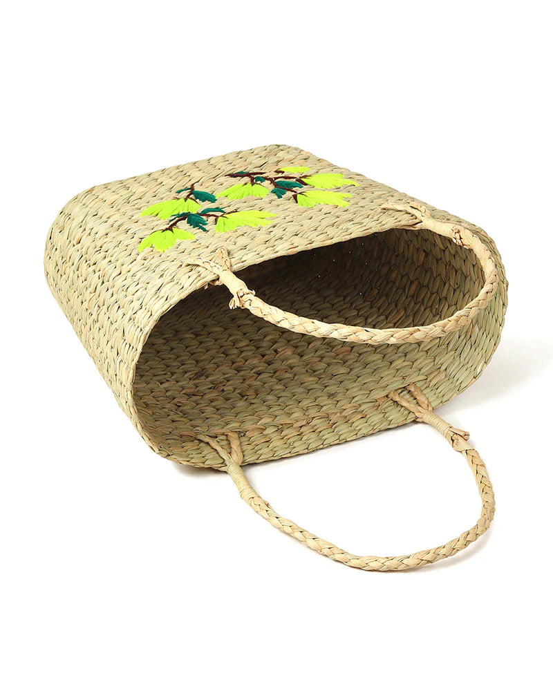 Natural Seagrass Embroidery Tote Bag for Shopping, Picnic & Storage