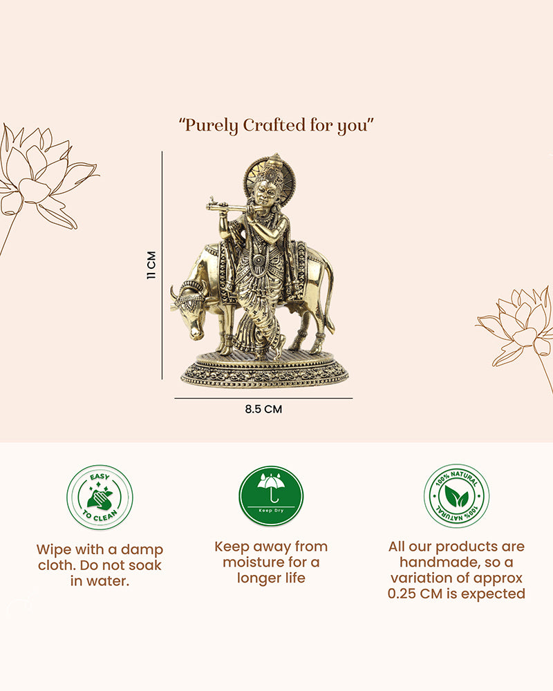 Traditional Krishna Ji Brass Idol with Cow for Festivals and Home Decoration