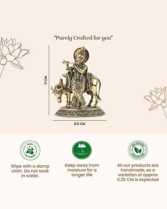 Traditional Krishna Ji Brass Idol with Cow for Festivals and Home Decoration